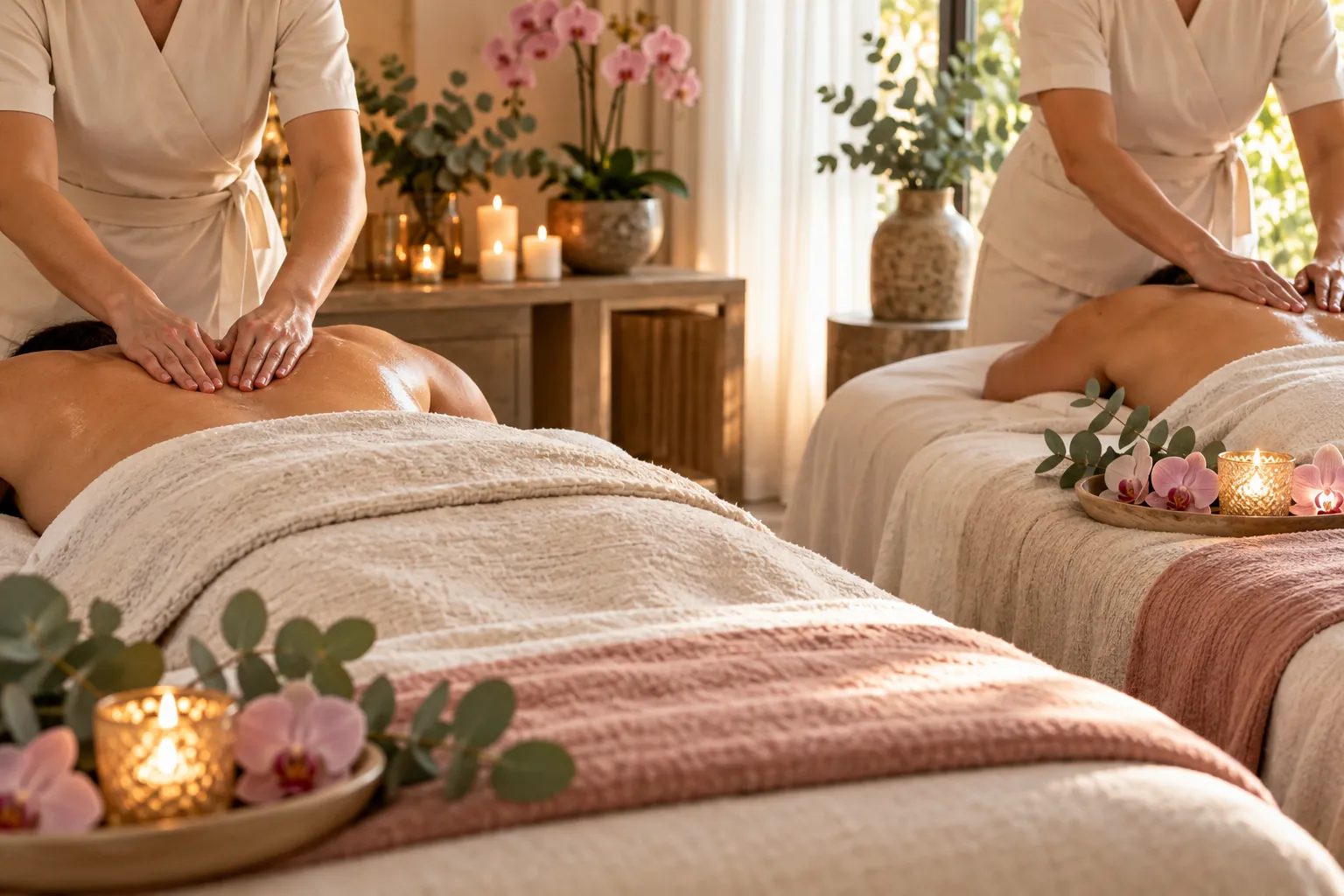 Two guests side by side on massage tables
