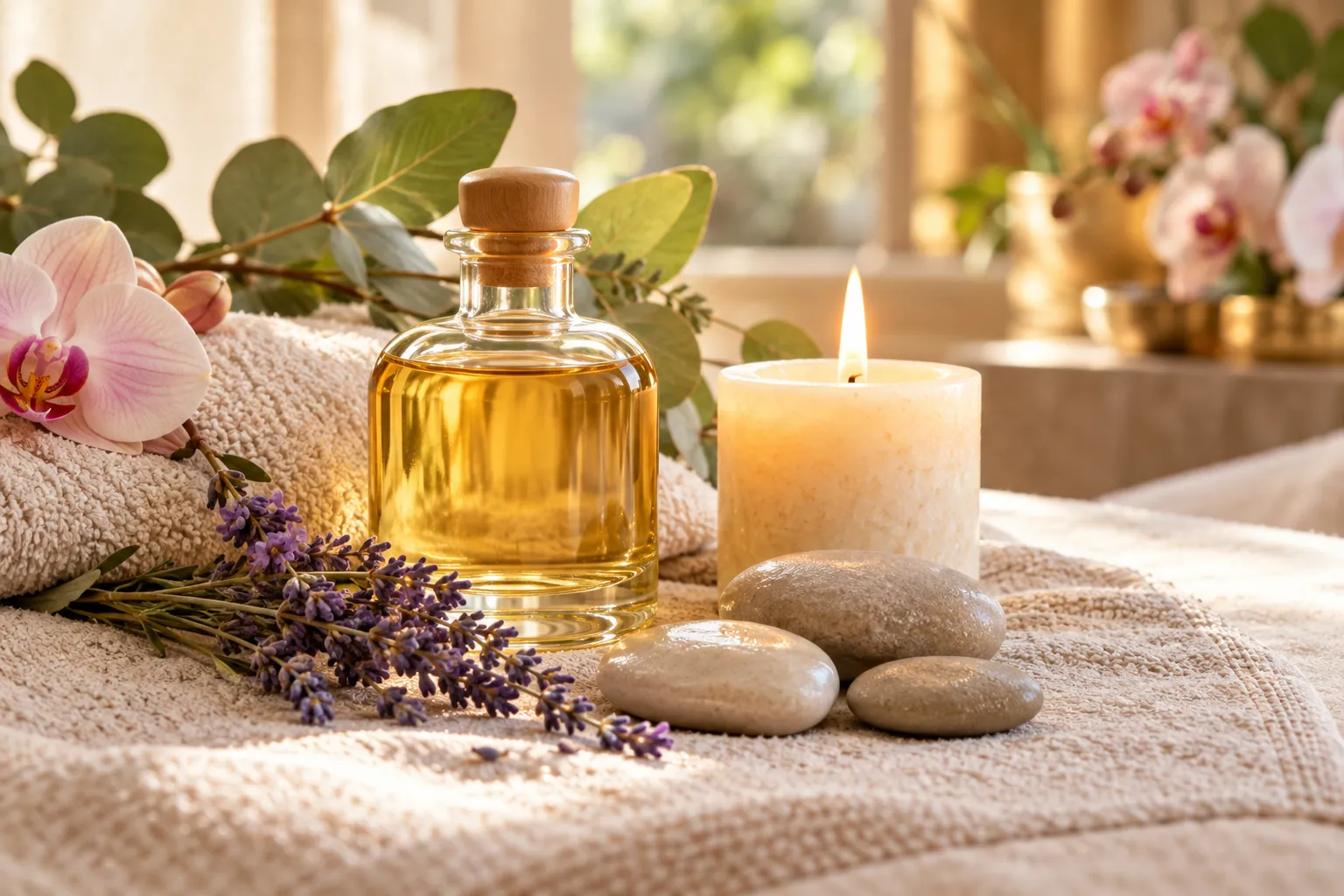 Warm oil and smooth stones laid out beside a massage table with eucalyptus and orchids